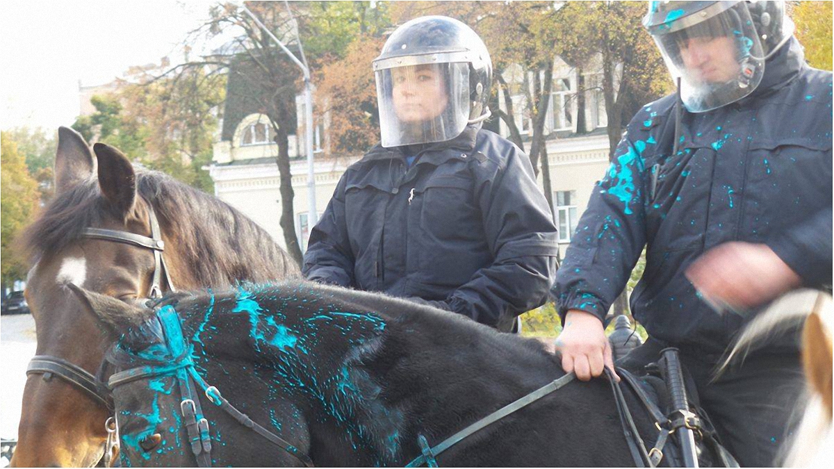 Активисты облили себя, полицию и лошадей зеленой краской - фото 1