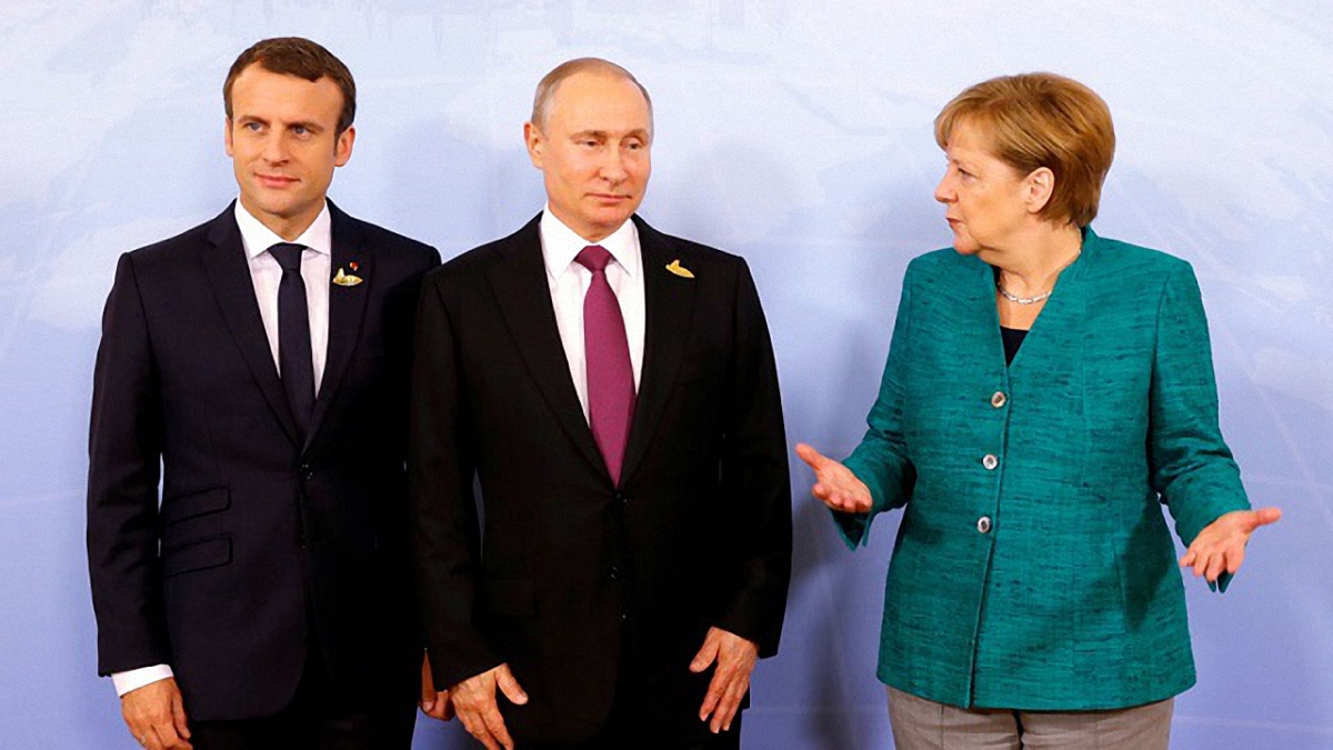 Эмманюэль Макрон, Владимир Путин и Ангела Меркель  - фото 1