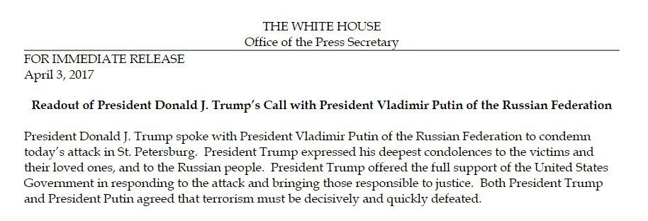 Теракт в Санкт-Петербурге: Трамп предложил Путину помощь в расследовании - 41041 Теракт в Санкт-Петербурге: Трамп предложил Путину помощь в расследовании - фото 41041